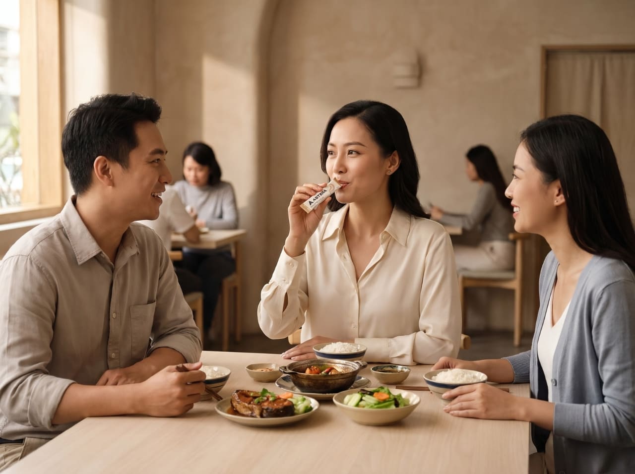 Người phụ nữ sử dụng gói AETERA Gastric Alva trong bữa ăn