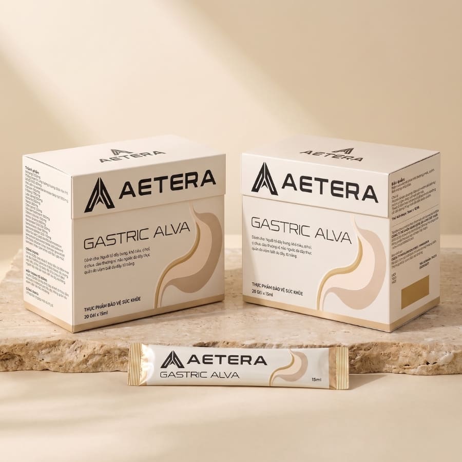 Hai hộp và một gói AETERA Gastric Alva, minh họa quy cách sản phẩm