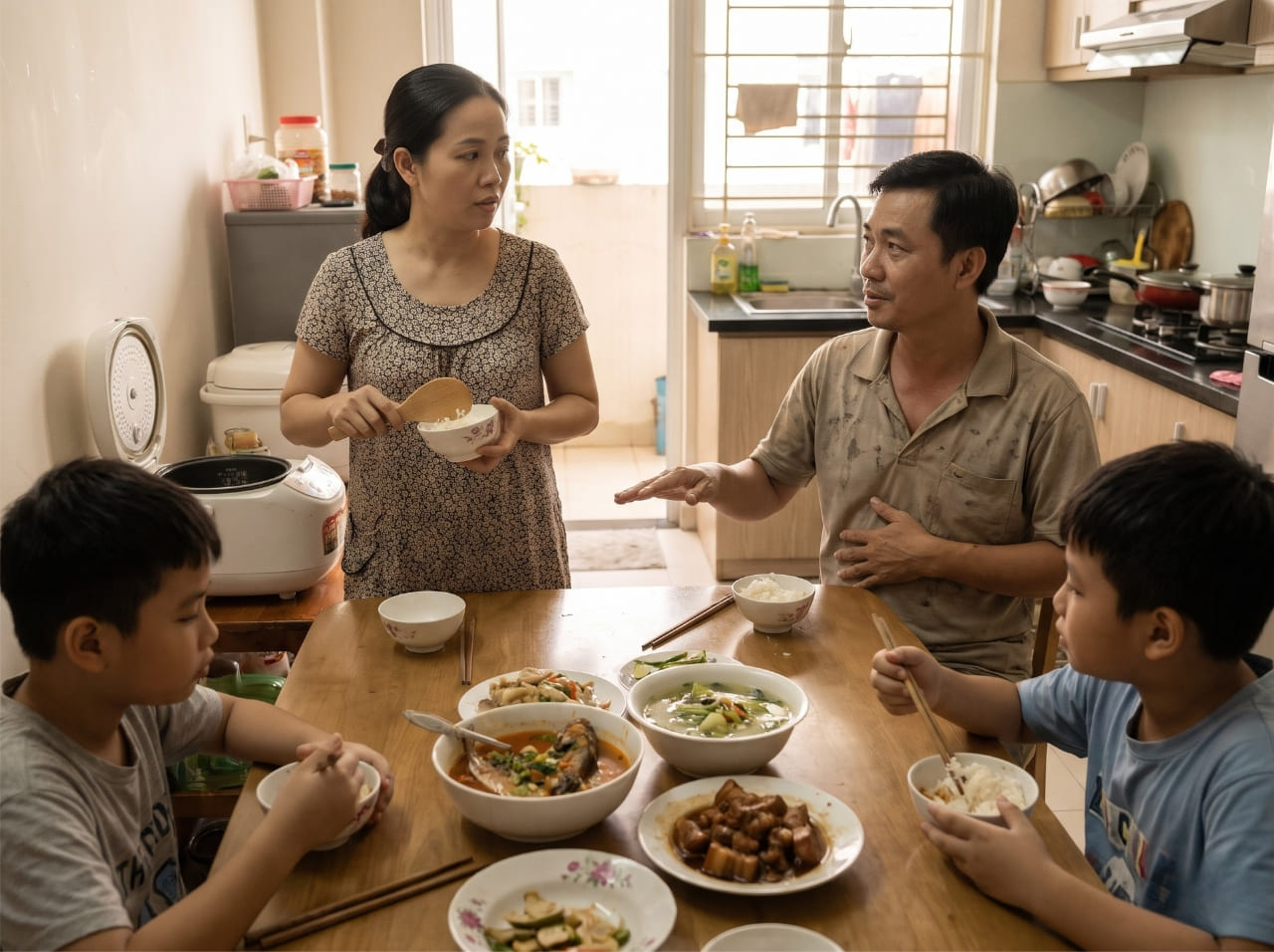 Gia đình trong bữa cơm, người đàn ông có vẻ khó chịu sau ăn