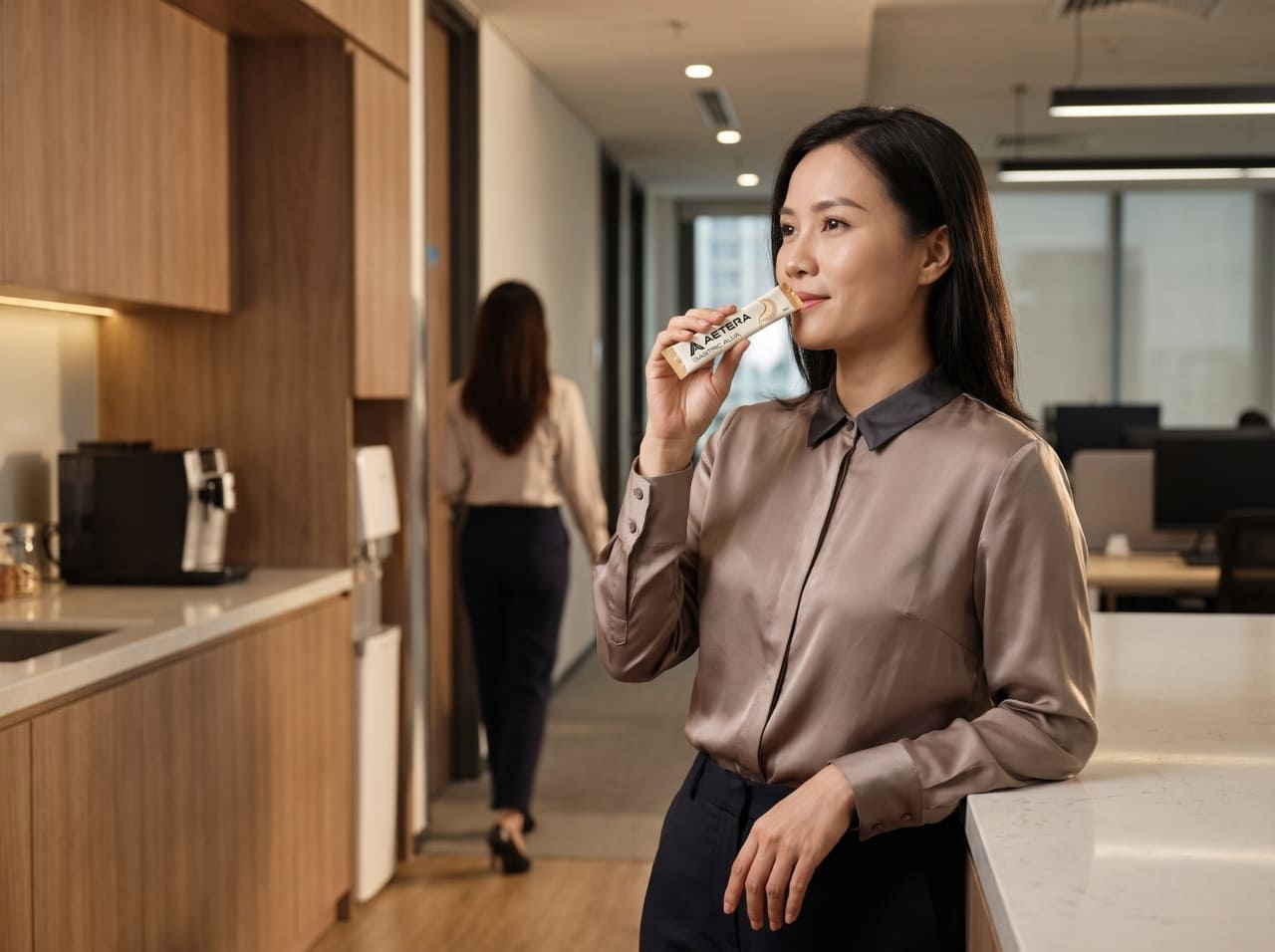 Người phụ nữ sử dụng AETERA Gastric Alva trong giờ làm việc